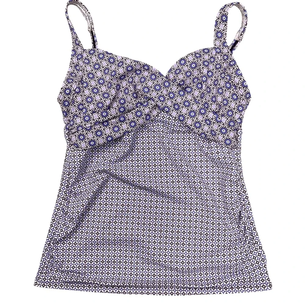 Lands End Tankini Top Womens 2 Purple Blue Geometric Floral Twist Front